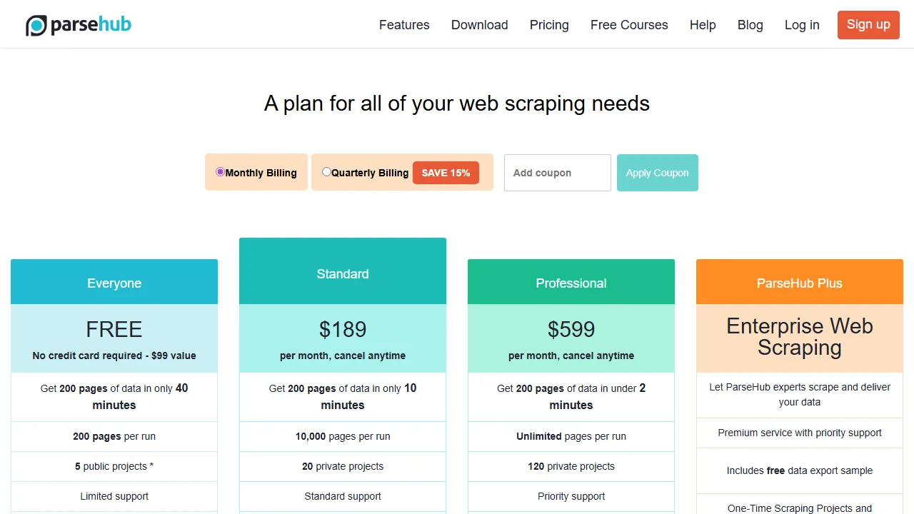 ParseHub pricing page: plans and rates
