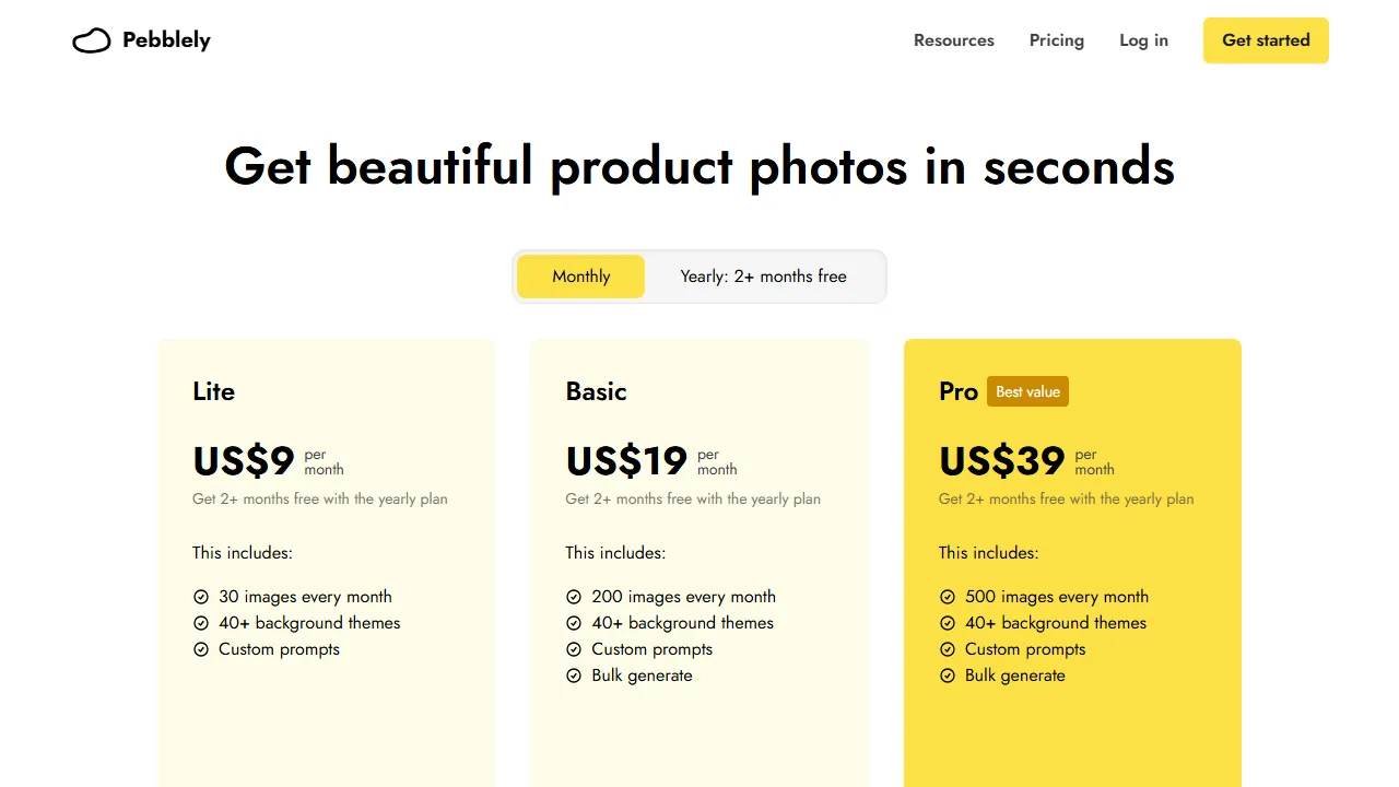 Pebblely pricing page: plans and rates