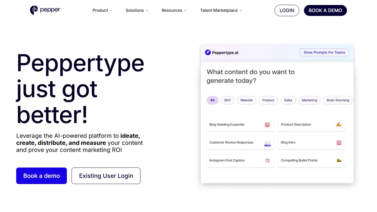 Peppertype homepage, writing AI tool