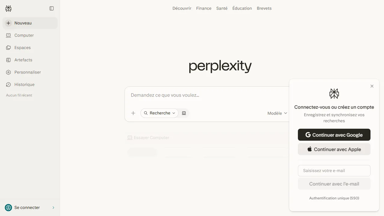 Perplexity homepage, search AI tool