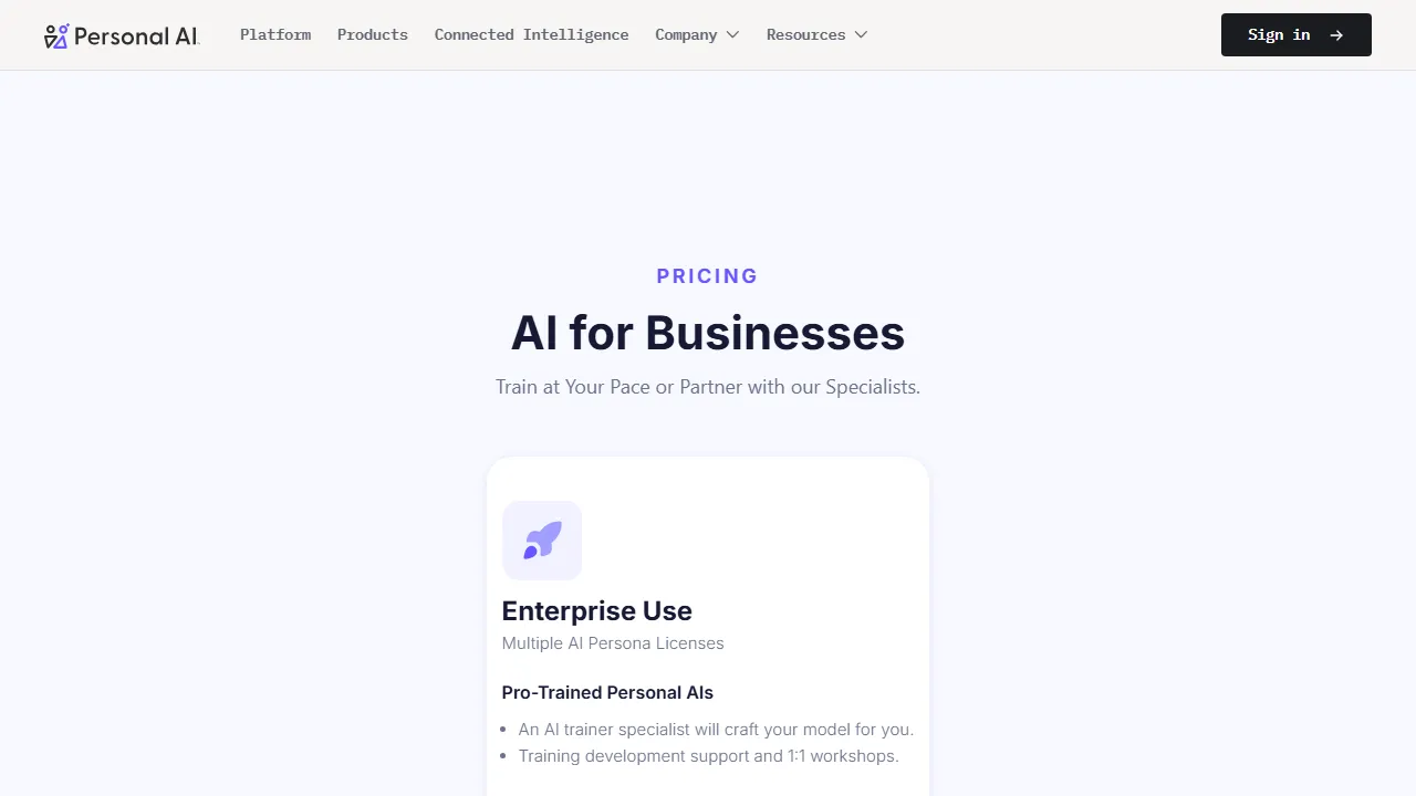 Personal AI pricing page: plans and rates