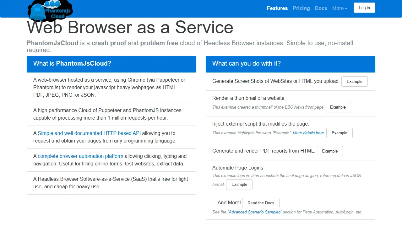 Phantom JS Cloud homepage, automation AI tool