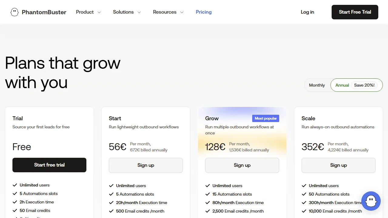 PhantomBuster pricing page: plans and rates