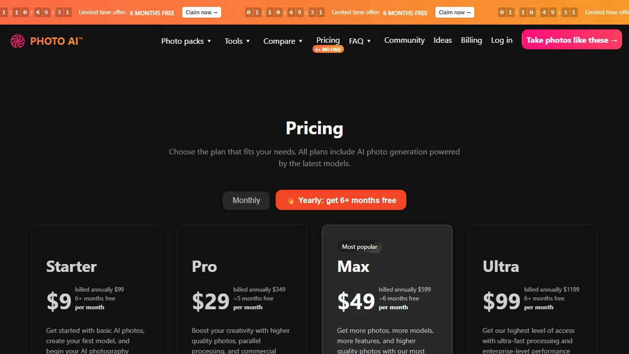 PhotoAI pricing page: plans and rates