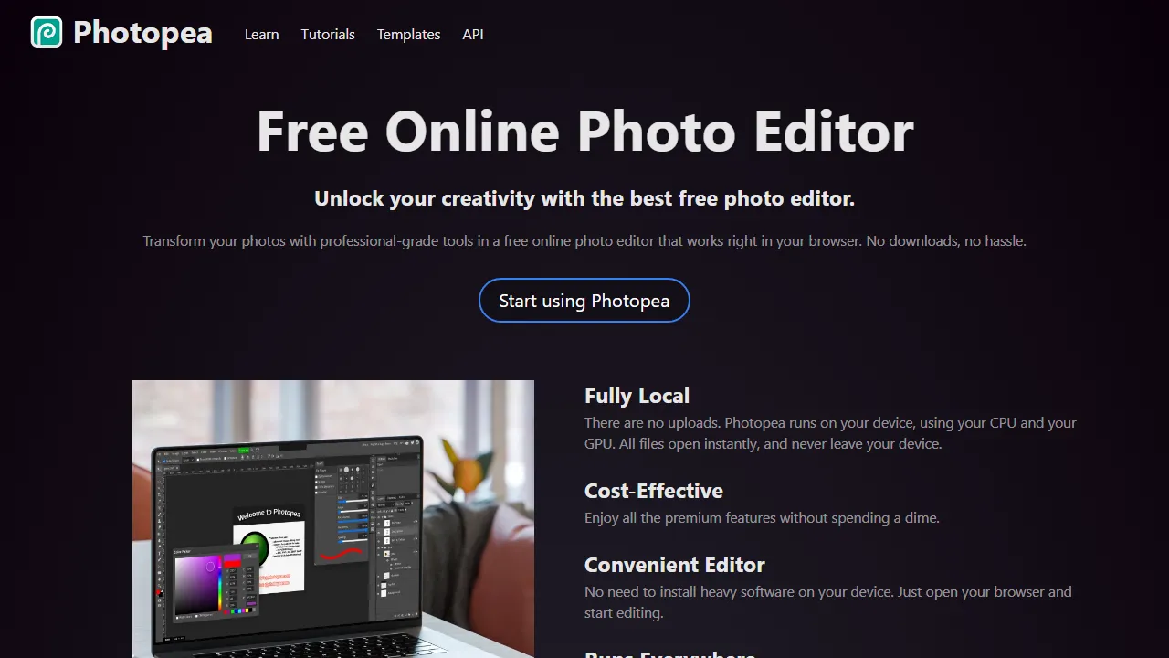 Photopea homepage, image AI tool
