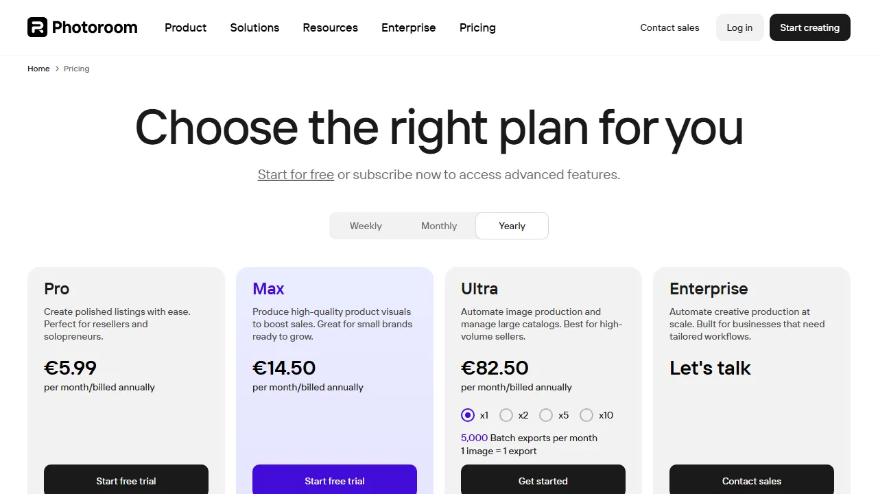 Photoroom pricing page: plans and rates
