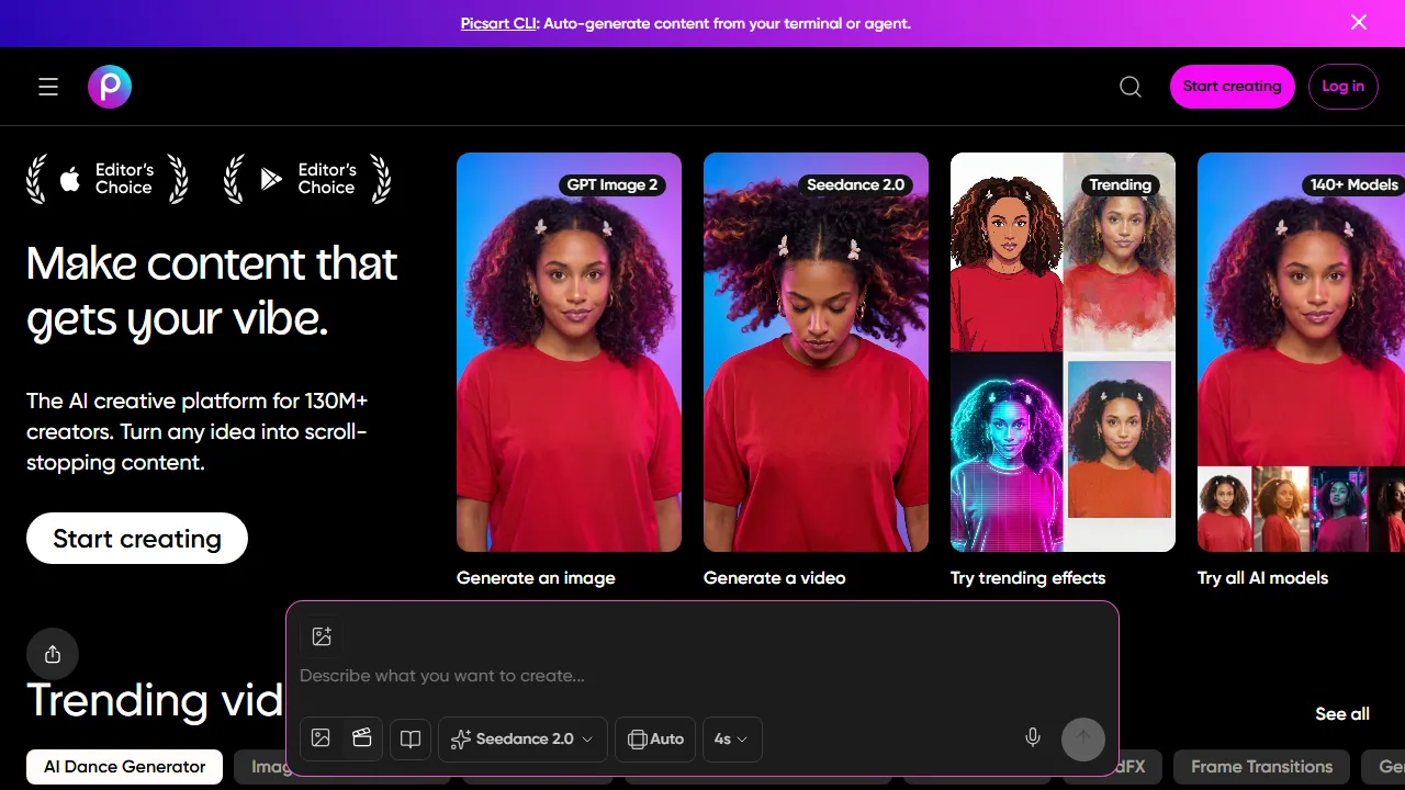 Picsart homepage, image AI tool