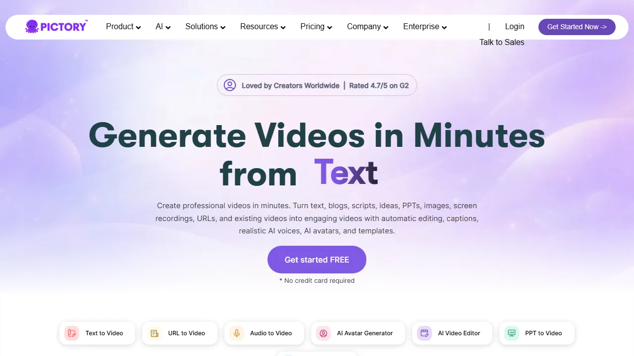 Pictory homepage, video AI tool