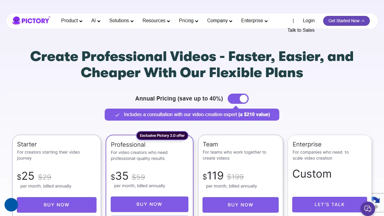 Pictory pricing page: plans and rates