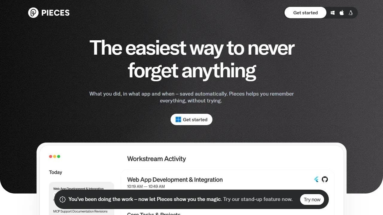 Pieces homepage, code AI tool