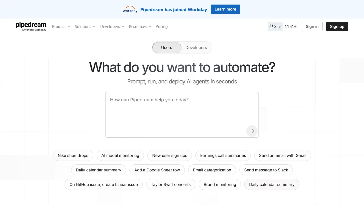 Pipedream homepage, automation AI tool