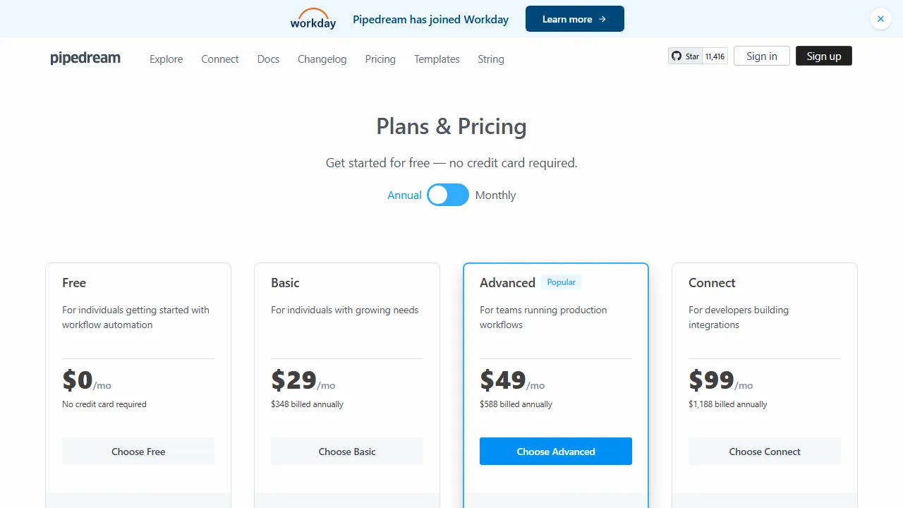 Pipedream pricing page: plans and rates