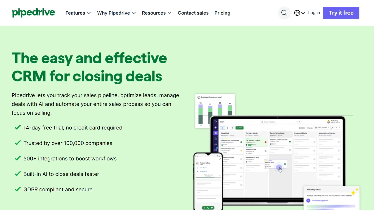 Pipedrive AI homepage, customer support & sales AI tool