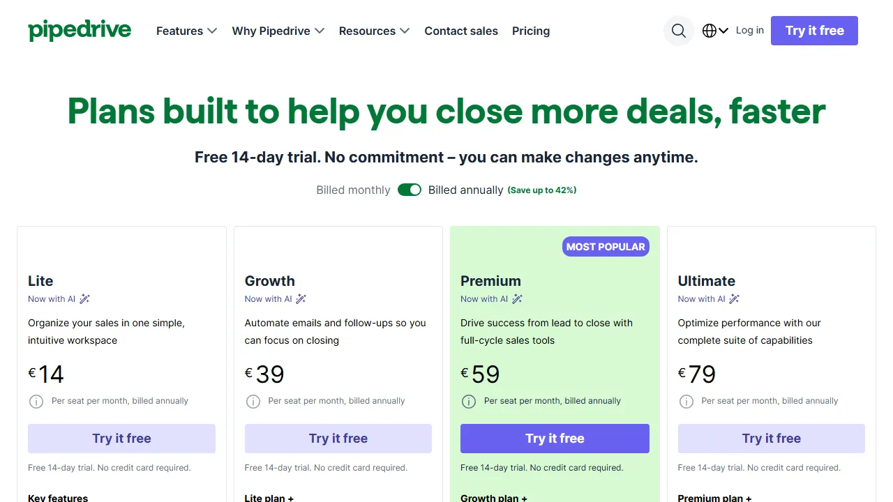 Pipedrive AI pricing page: plans and rates