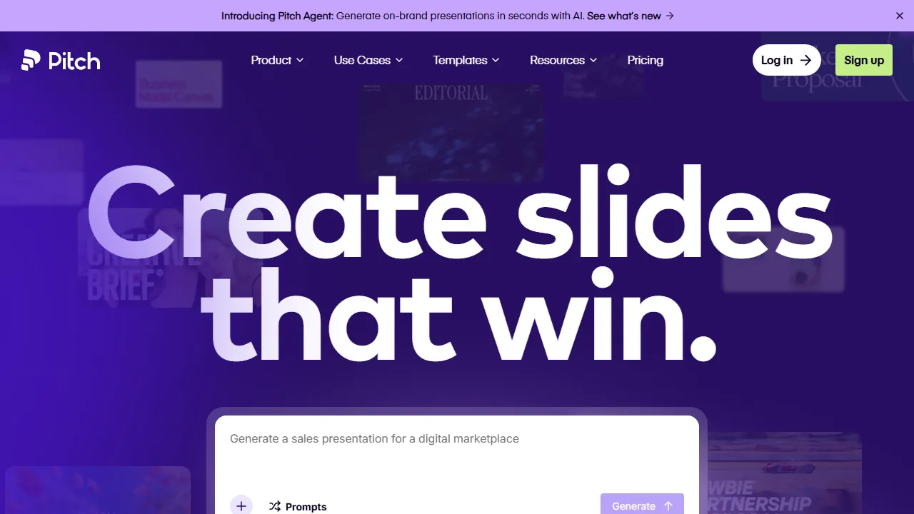 Pitch homepage, presentation AI tool