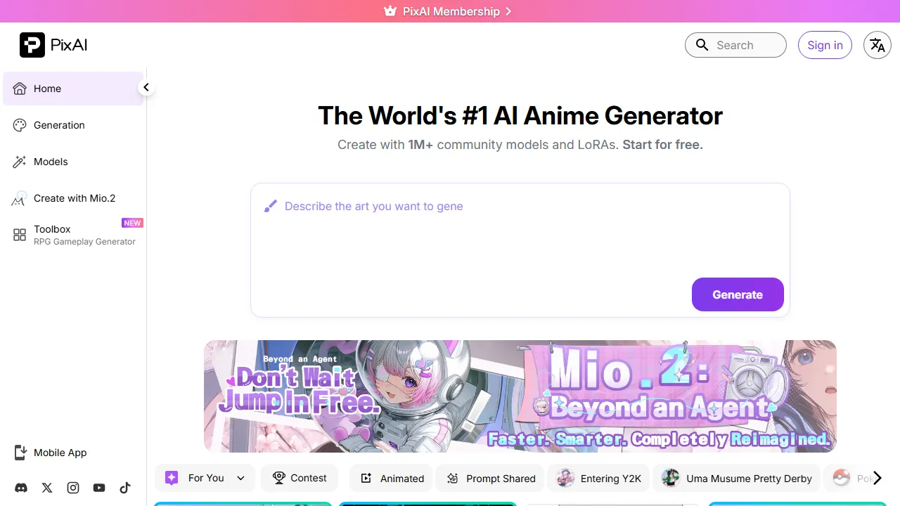 PixAI homepage, image AI tool