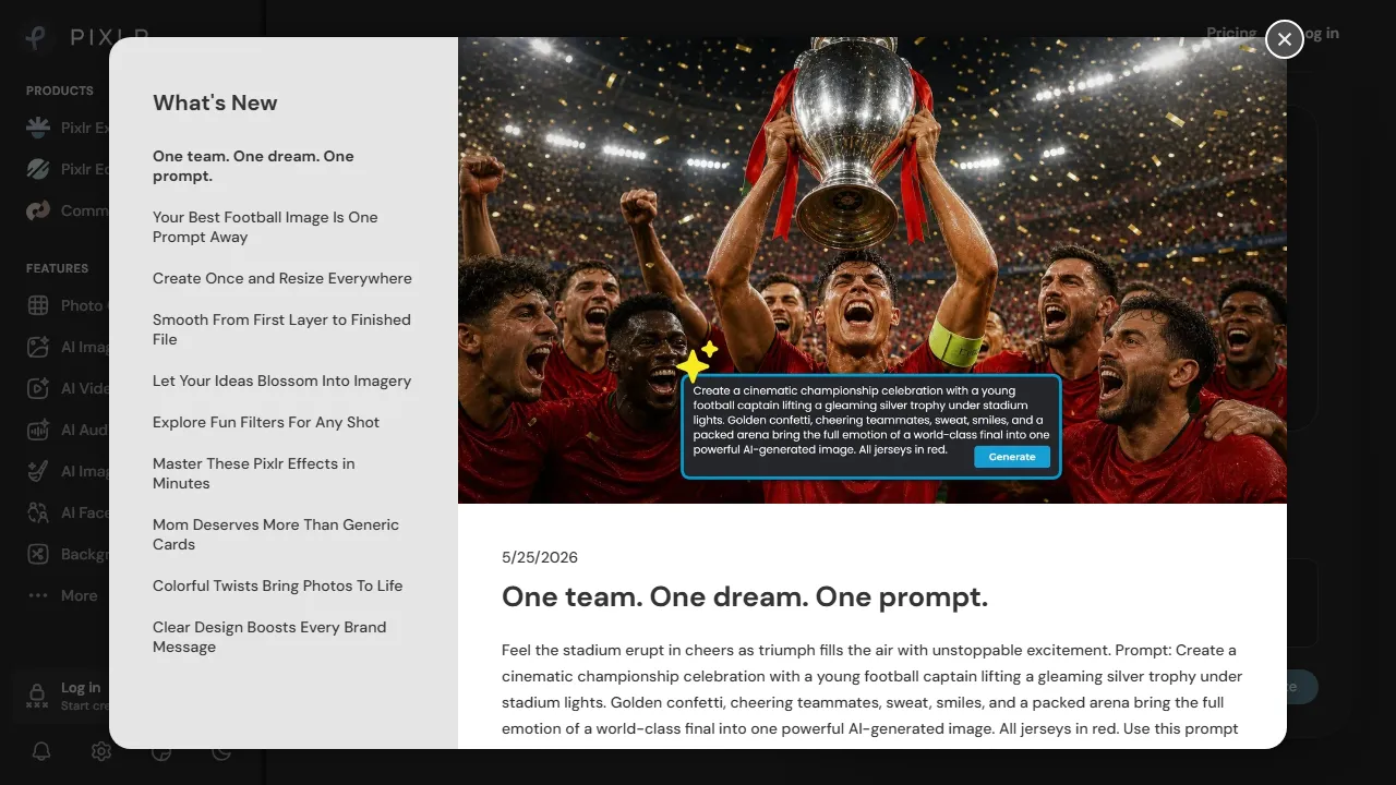 Pixlr homepage, image AI tool