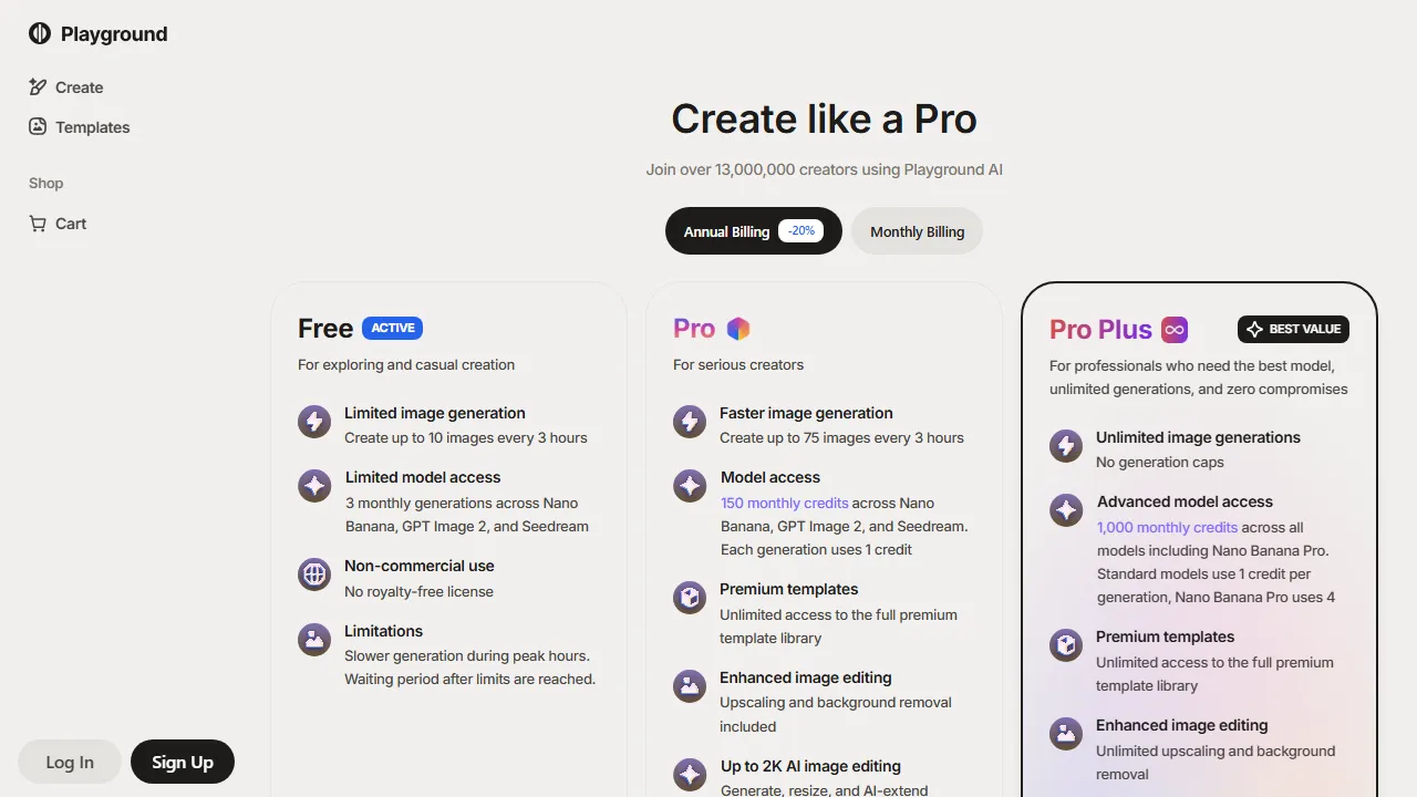 Playground AI pricing page: plans and rates
