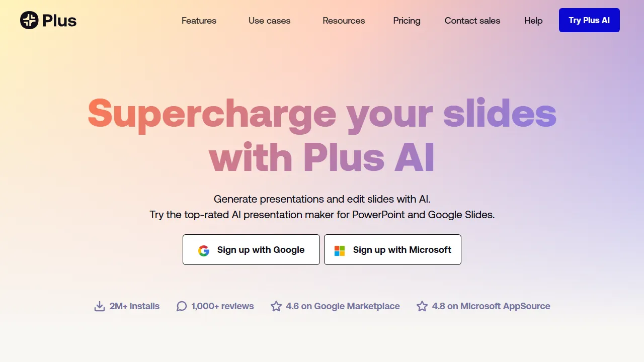 Plus AI homepage, presentation AI tool