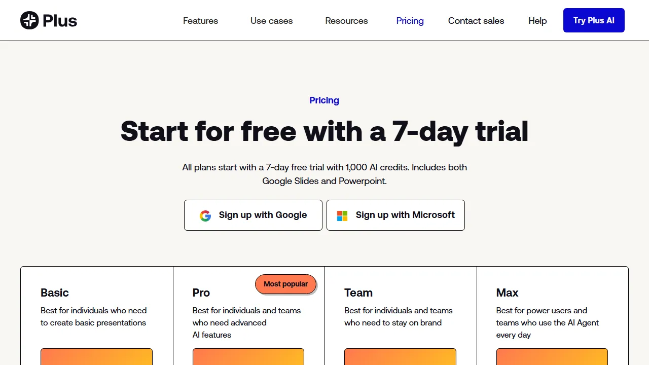 Plus AI pricing page: plans and rates