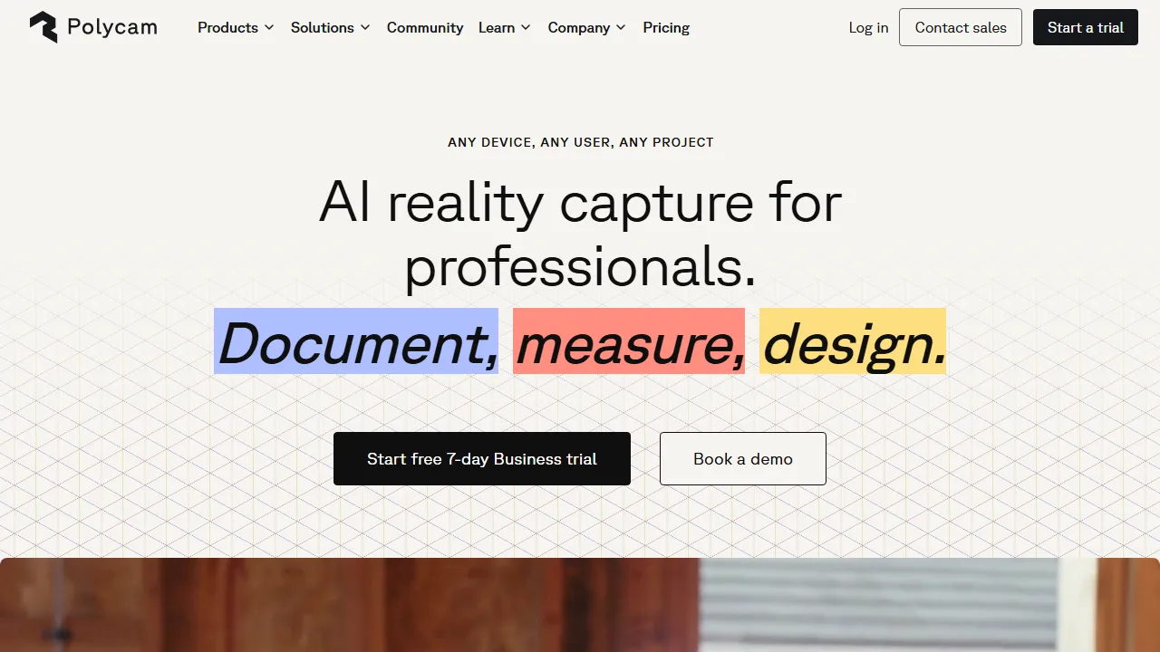 Polycam homepage, 3d & modeling AI tool