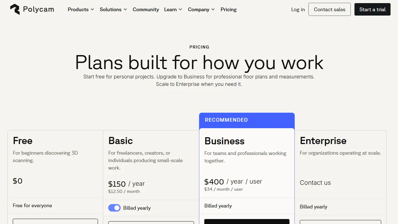 Polycam pricing page: plans and rates