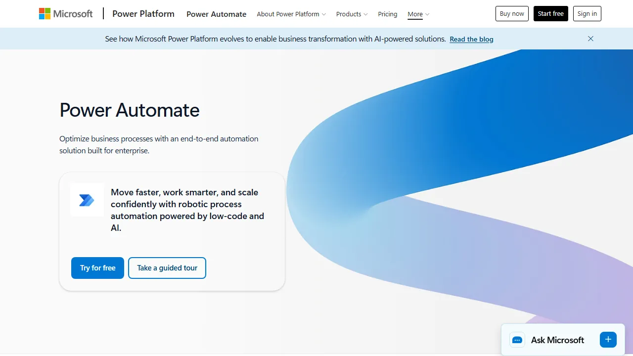 Microsoft Power Automate homepage, automation AI tool