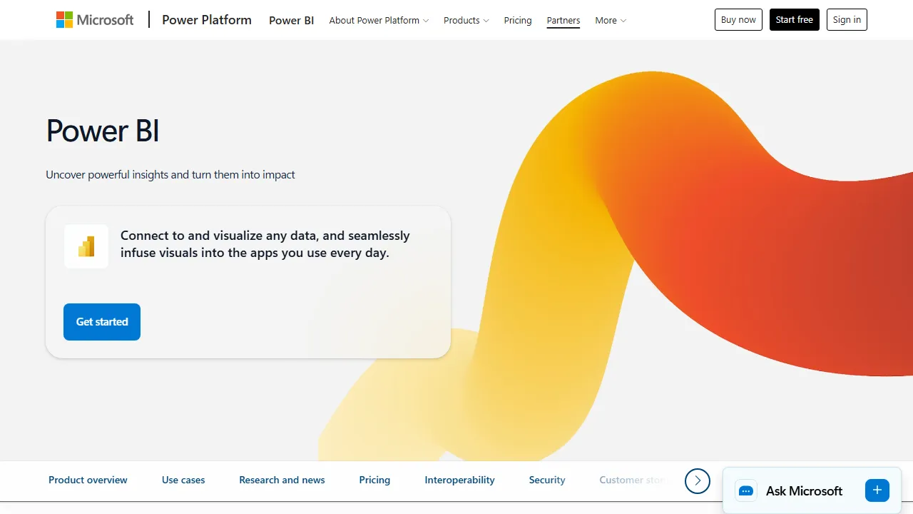 Power BI homepage, data & analysis AI tool