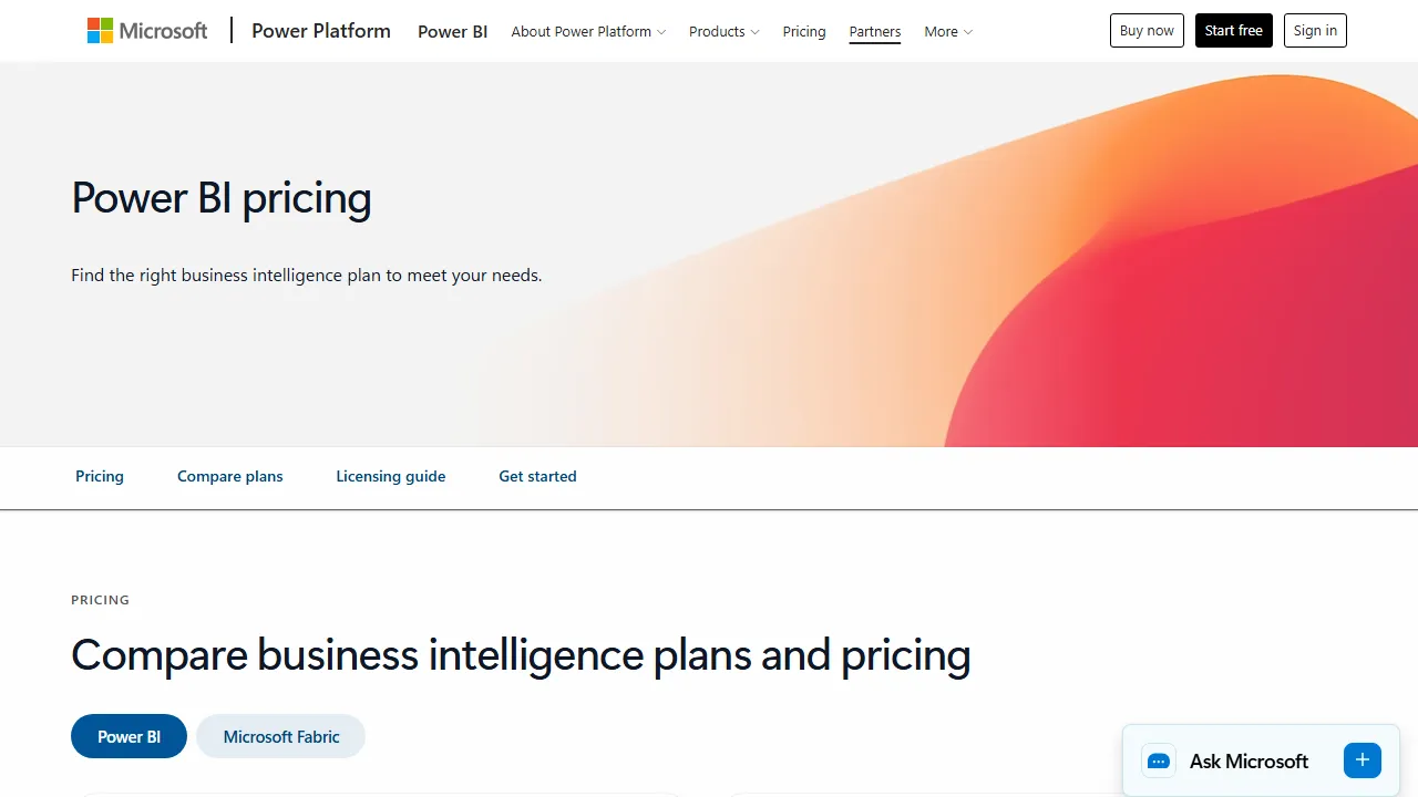 Power BI pricing page: plans and rates