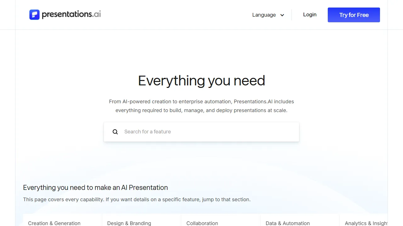 Presentations.ai features, presentation AI tool