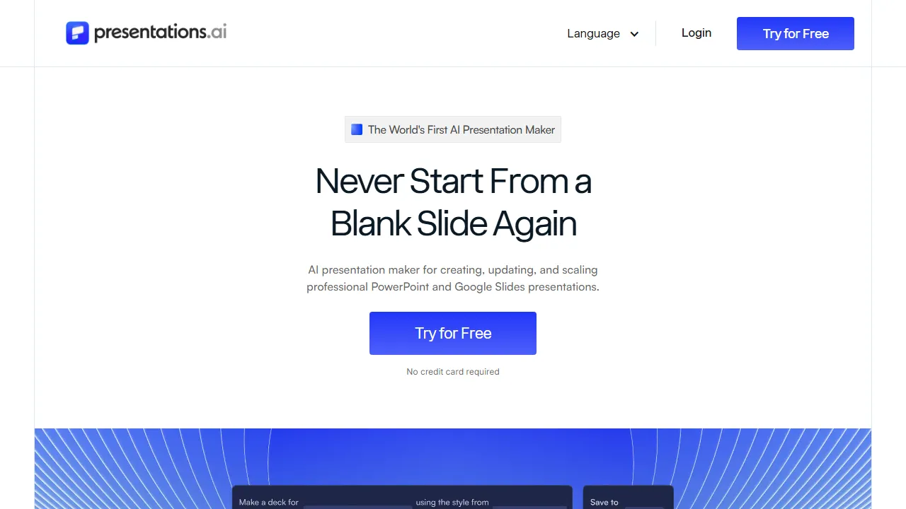 Presentations.ai homepage, presentation AI tool