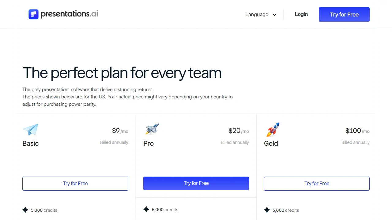 Presentations.ai pricing page: plans and rates