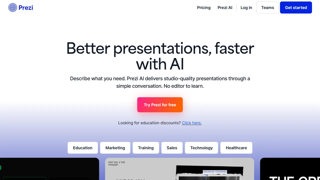 Prezi AI homepage, presentation AI tool