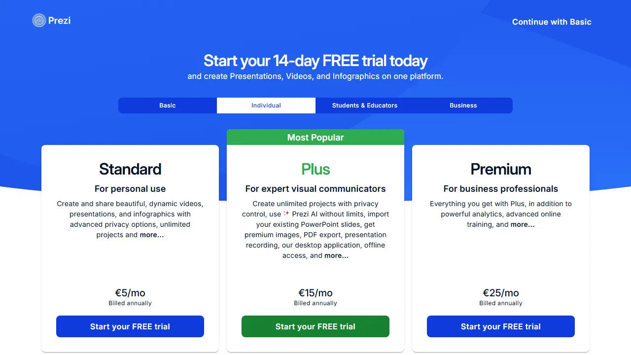 Prezi AI pricing page: plans and rates