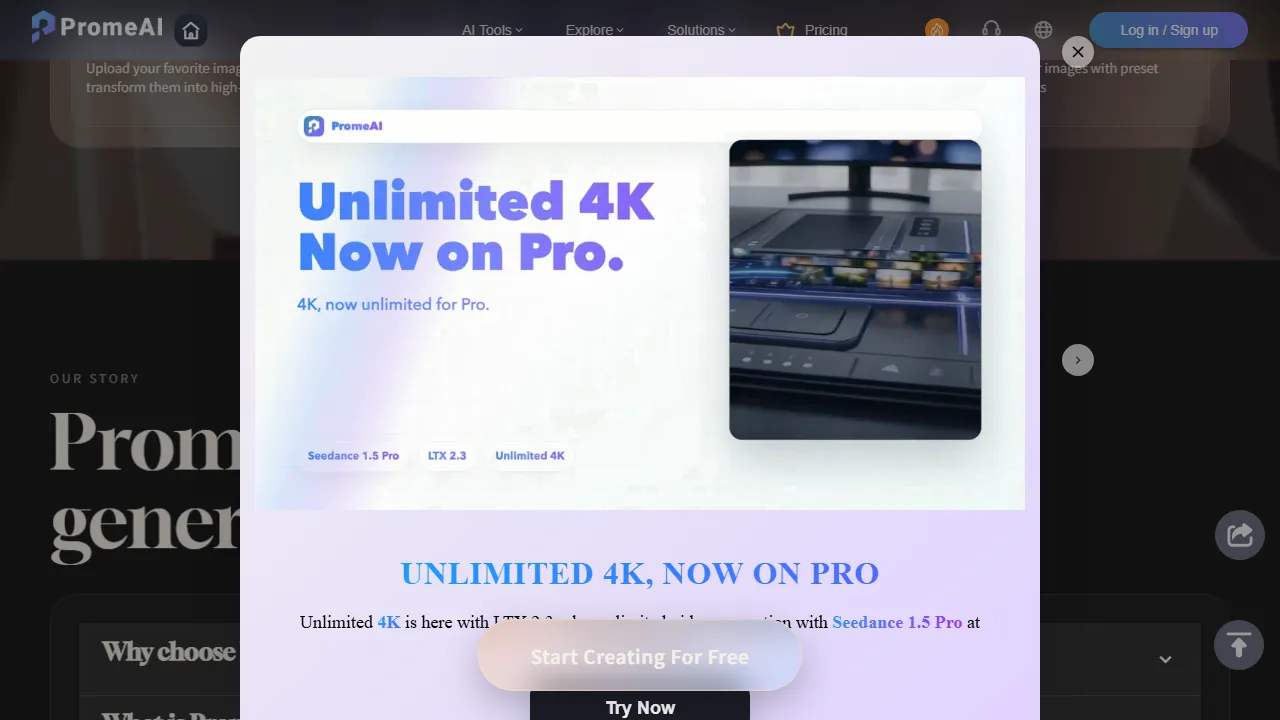 PromeAI homepage, image AI tool