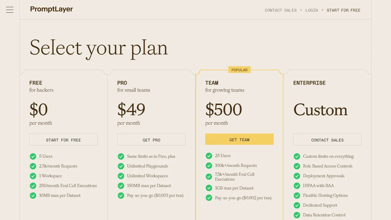 PromptLayer pricing page: plans and rates