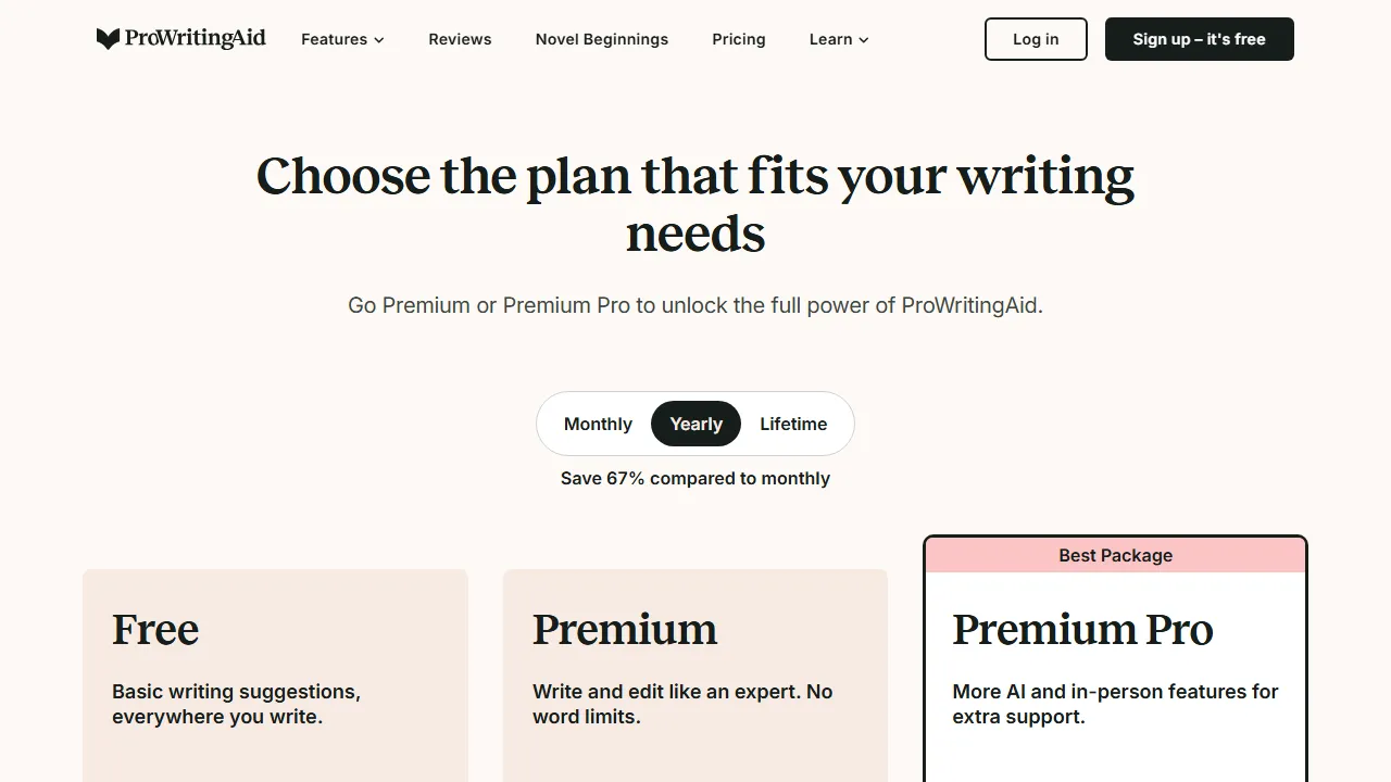 ProWritingAid pricing page: plans and rates