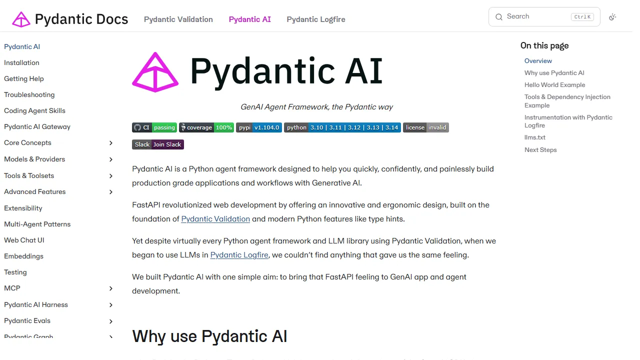 Pydantic AI homepage, ai agents AI tool