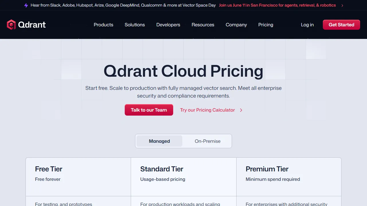 Qdrant pricing page: plans and rates
