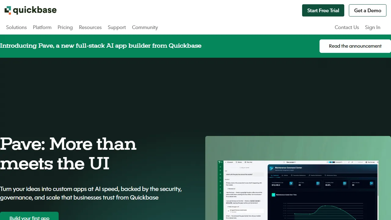 Quickbase homepage, no-code AI tool