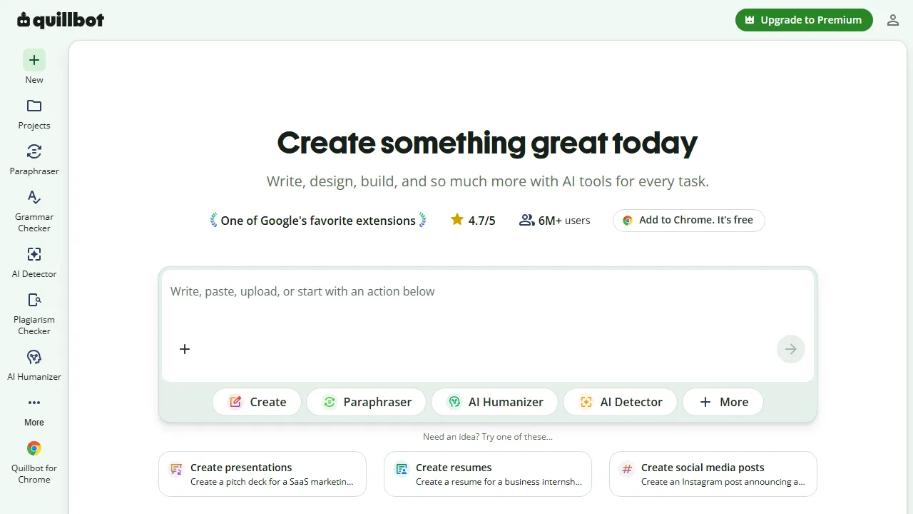 QuillBot homepage, writing AI tool