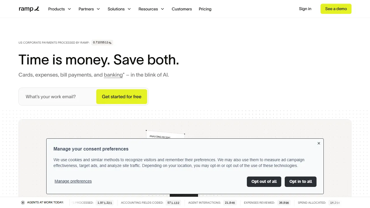 Ramp AI homepage, productivity AI tool