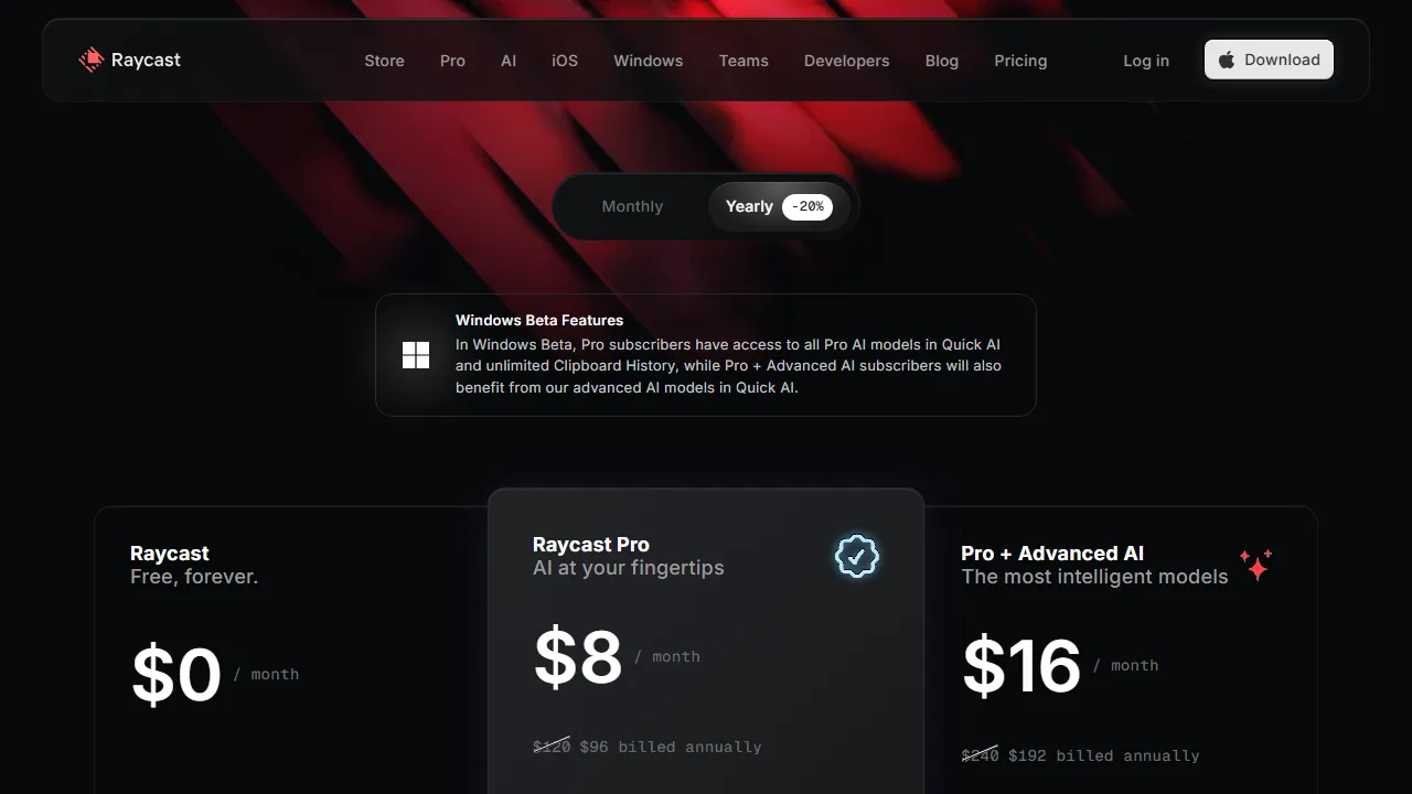 Raycast pricing page: plans and rates