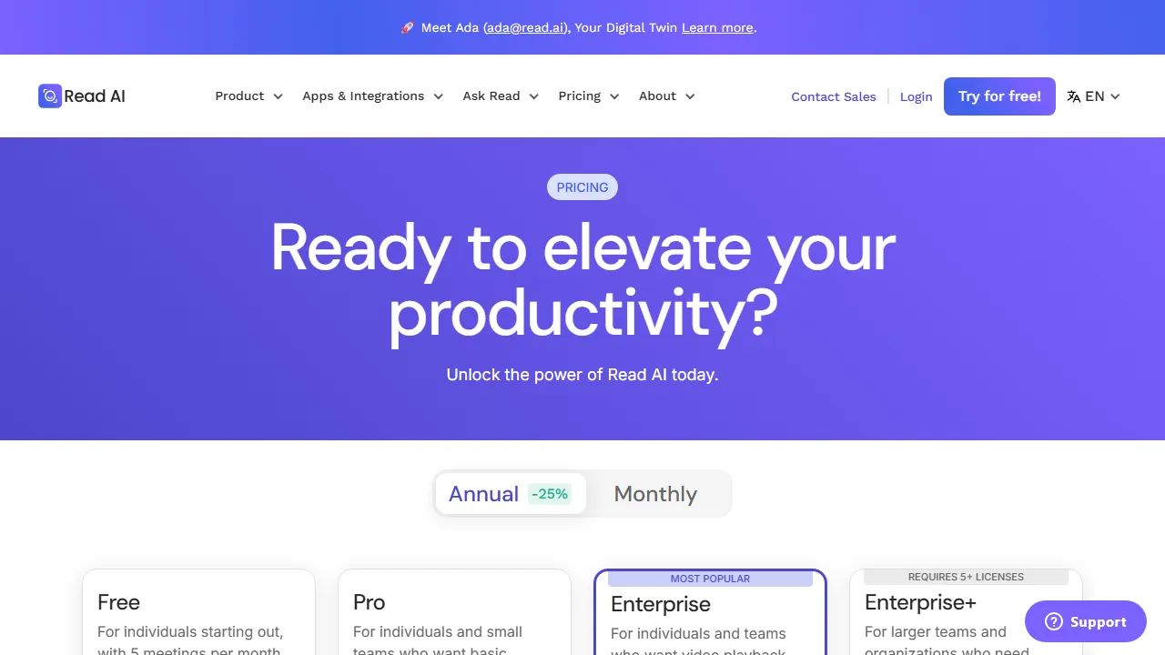 Read AI pricing page: plans and rates