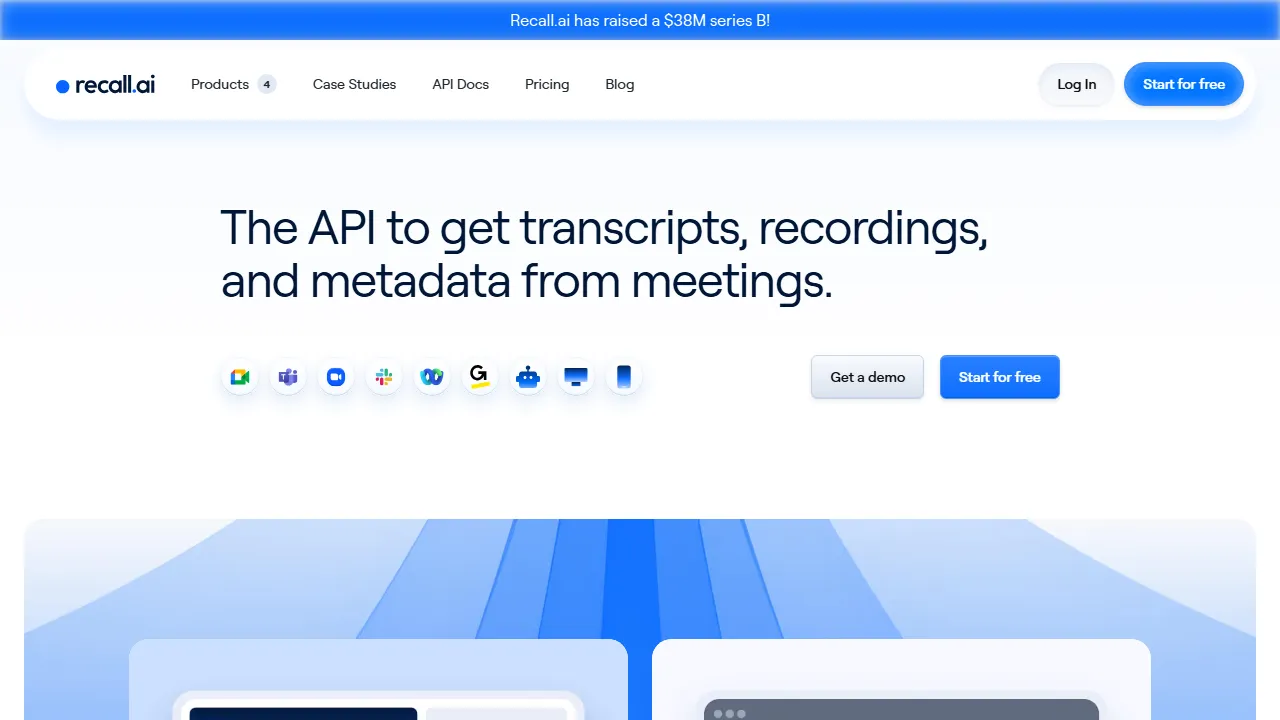 Recall.ai homepage, transcription & meetings AI tool