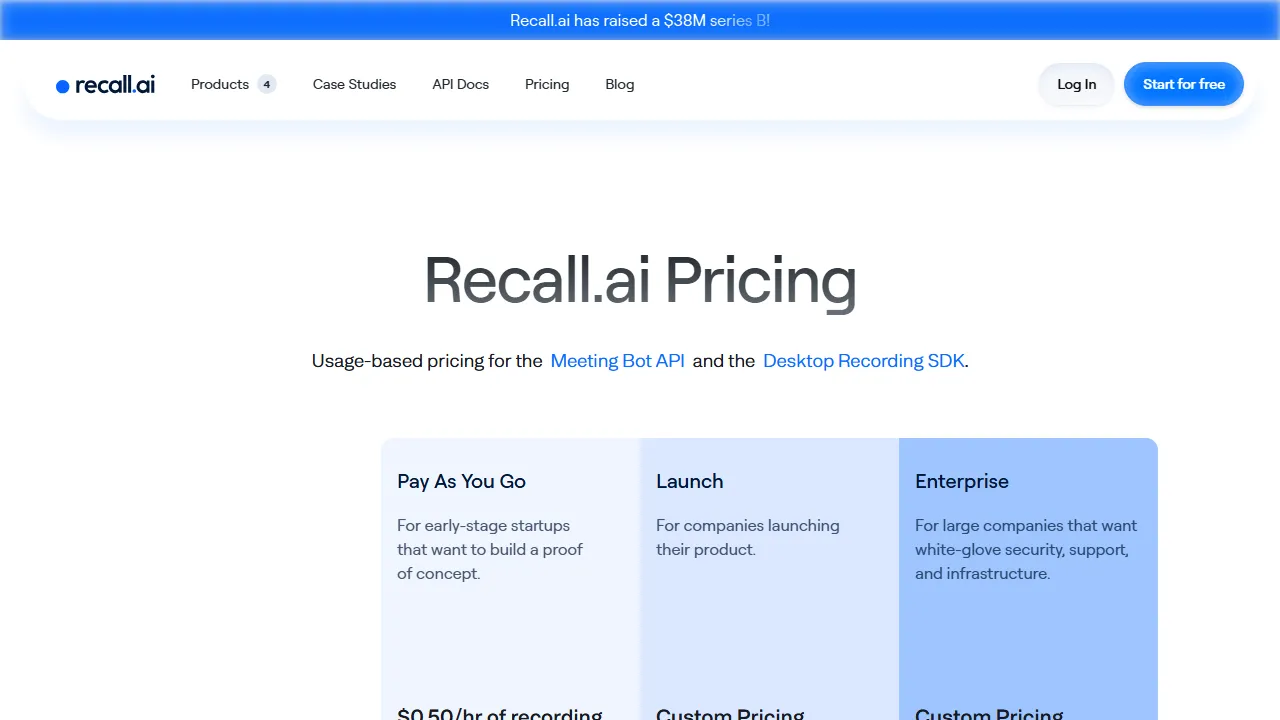 Recall.ai pricing page: plans and rates