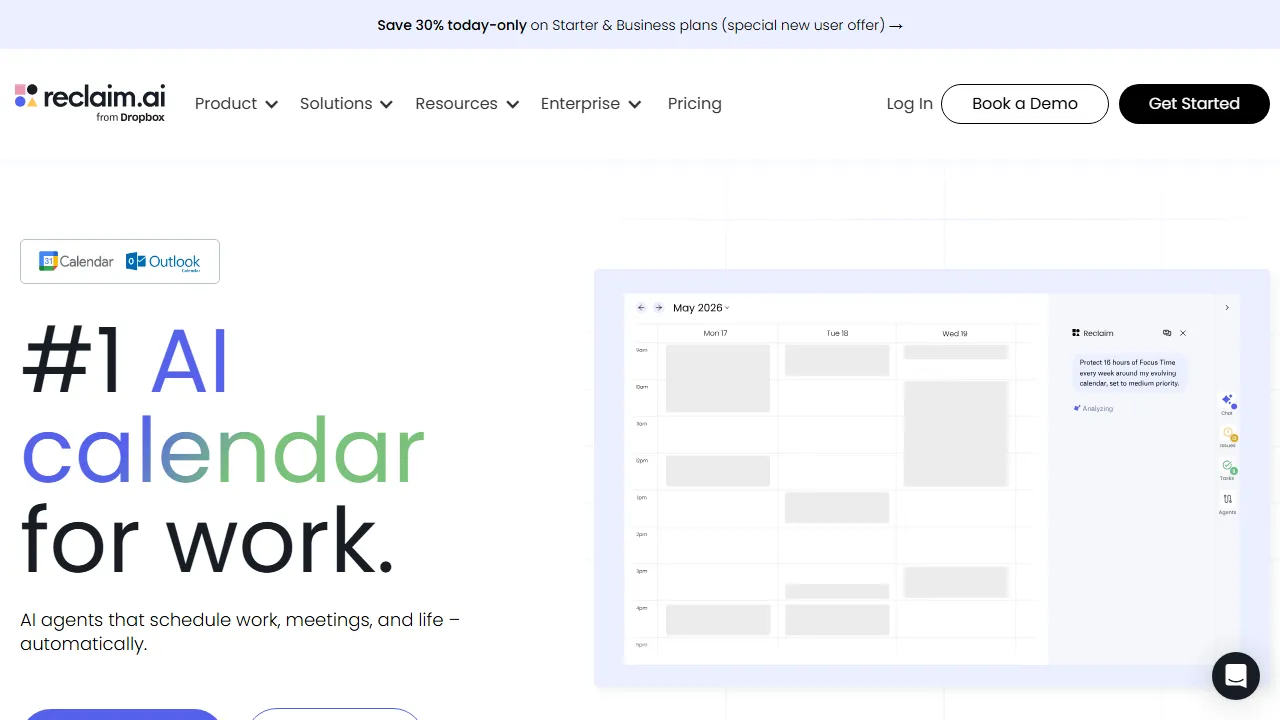 Reclaim homepage, productivity AI tool