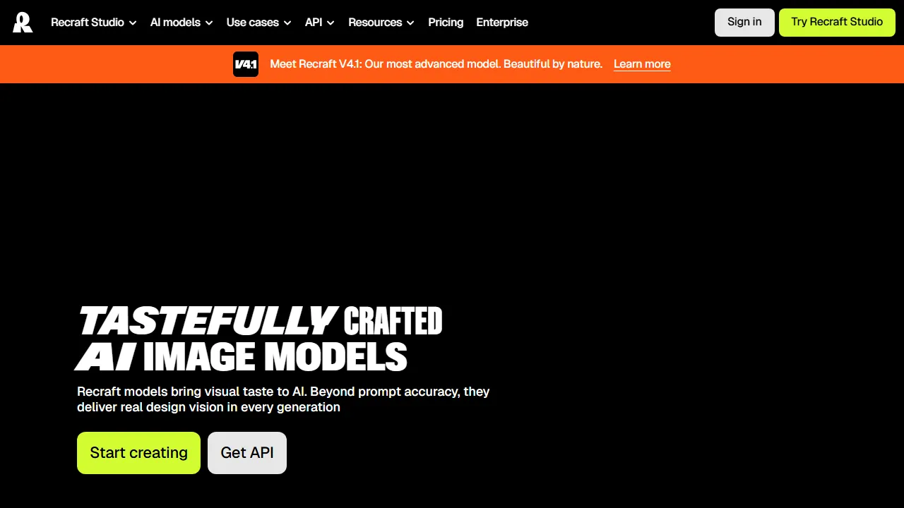 Recraft homepage, image AI tool