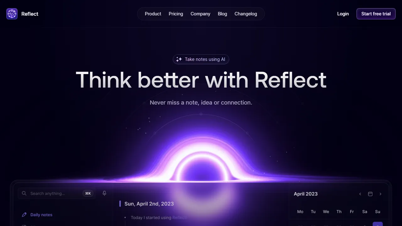 Reflect homepage, productivity AI tool