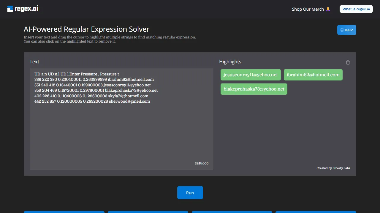 Regex.ai homepage, code AI tool
